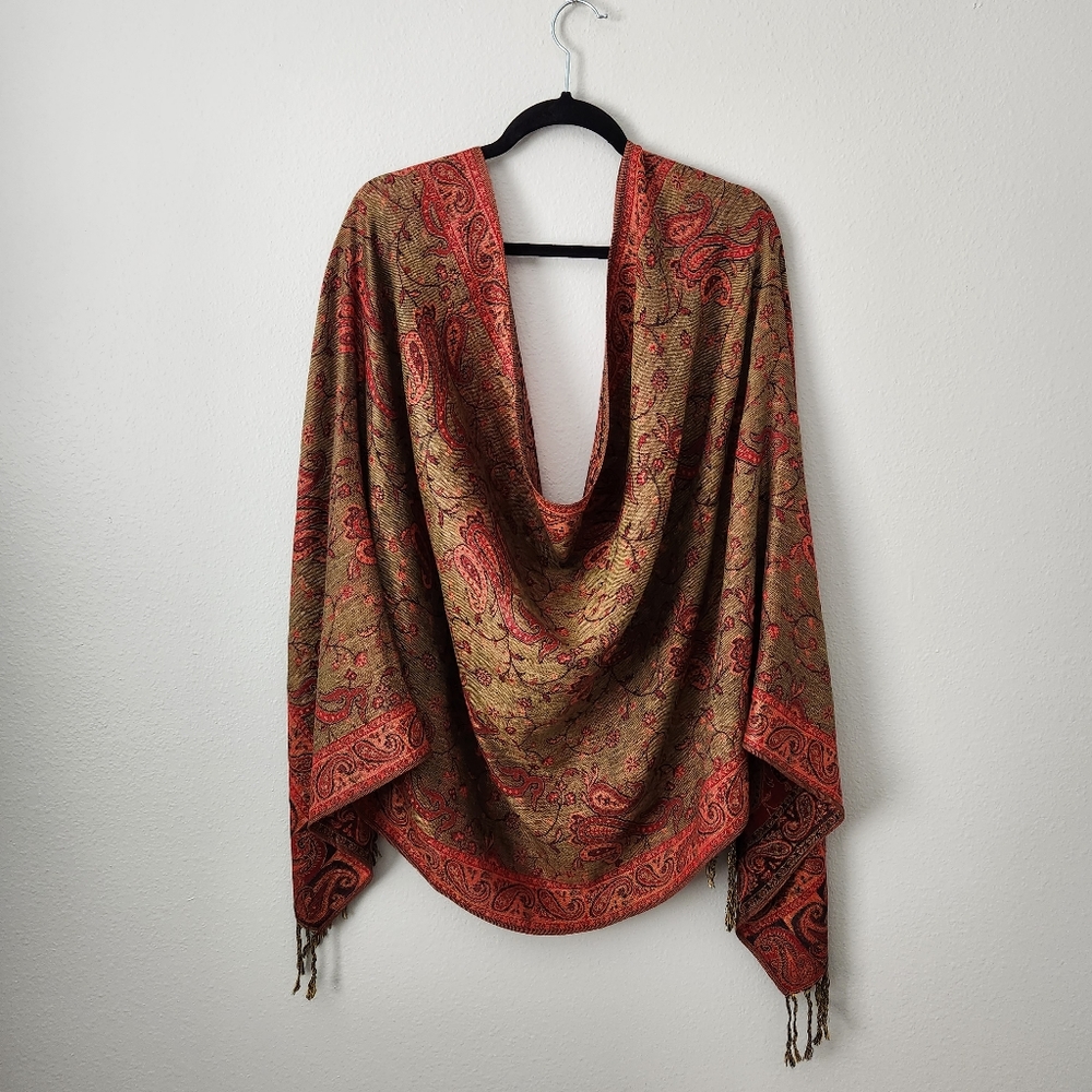 Beautiful Paisley Jewel Toned Reversible Scarf / Wrap With Fringe Trim - Picture 7 of 10